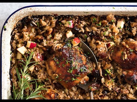 Baked Chicken and Rice Pilaf with Cranberries, Walnuts and Apple