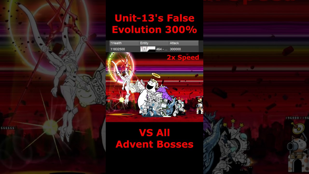 the battle cat Unit 13's False Evolution 300% VS All Advent Bosses