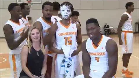 Birthday Surprise: Rick Barnes Gives Detrick Mostella a Pie in the Face