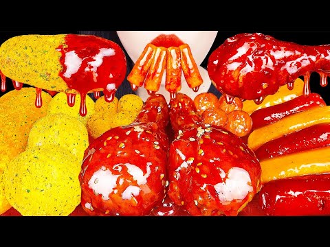 ASMR SPICY <strong>CHICKEN</strong> <strong>RECIPE</strong>, CHEESE BALL, MOZZARELLA CORN DOG 양념치킨, 뿌링클 치즈볼 먹방 EATING SOUNDS MUKBANG
