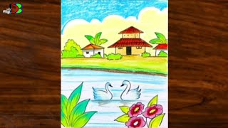 How to Draw Easy Oil Pastel Scenery for Beginners | Simple Village Scenery Drawing
