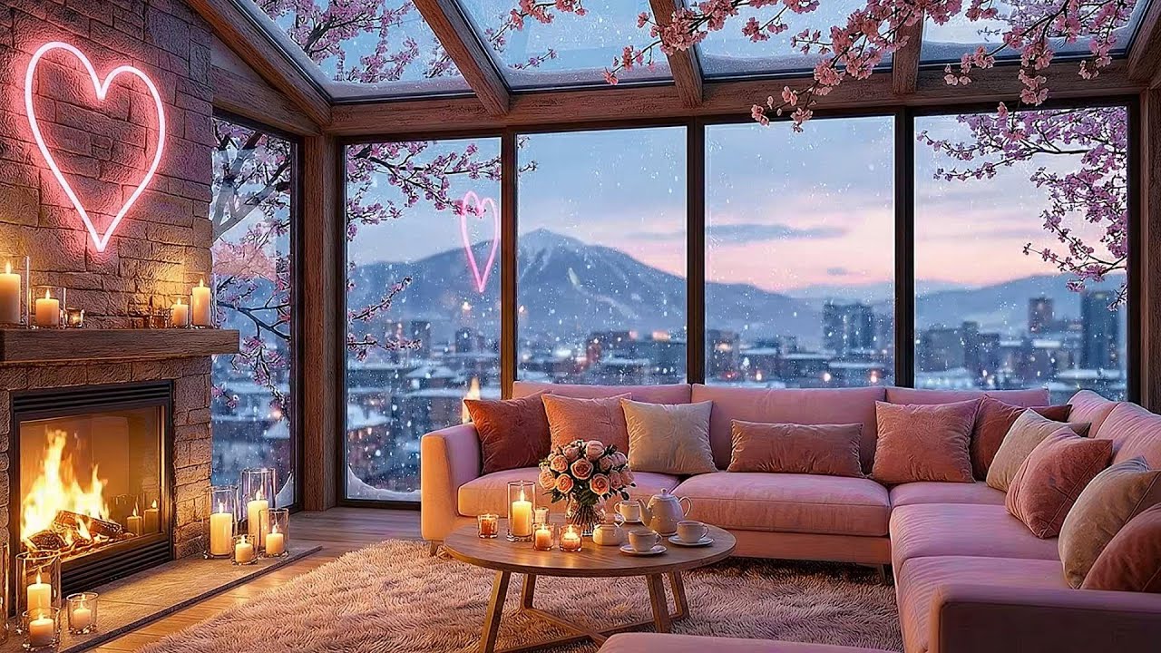 Pink Snowfall Valentine Cabin 💕 Fireplace Jazz Music for Cozy Romantic Atmosphere