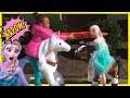 Kids Playing Outside Games On Unicorn & Pony Ride-on Toy with  Doll at the Playground