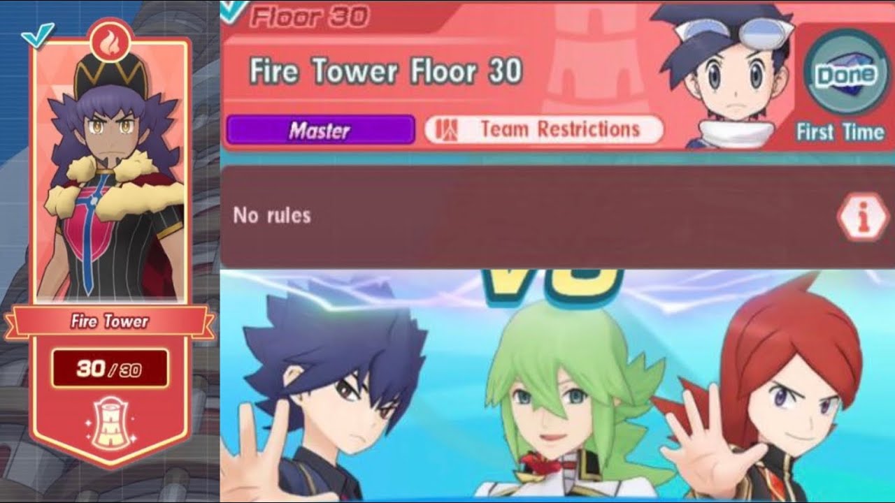 Triple Rival team vs. Fire Tower Floor 30 (Arc Silver, Anni N, Academy Hugh) [Pokemon Masters EX]