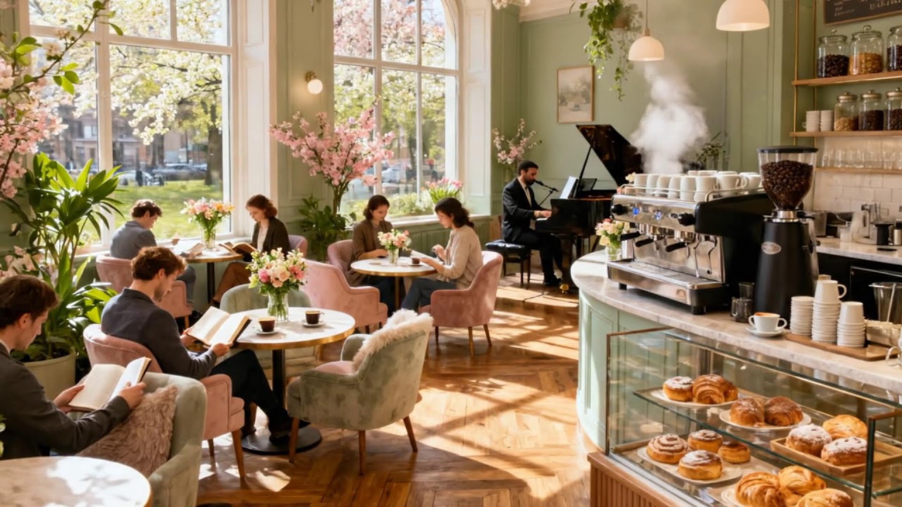 咲き誇るカフェでの朝の輝き 🌼☕ ソフトジャズの流れ
