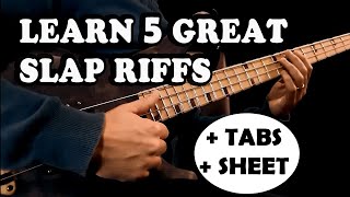 SLAP BASS - 5 Easy Riffs (Beginner & Intermediate) BASS LESSON with Tabs  / Sheet