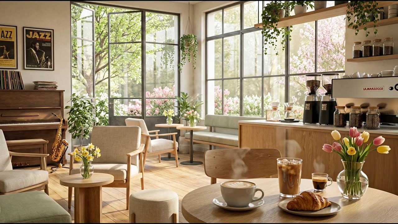 居心地の良いカフェの陽光とピアノ 🌿🎶 春のリラクゼーション