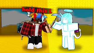 I Challenged This YOUTUBER To A BLIND Lucky Block RACE... (ROBLOX BEDWARS)