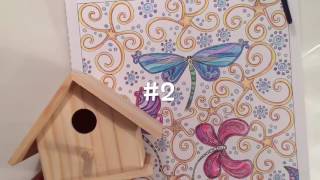 3 easy DIY decoupaged bird houses with adult coloring pages! Now that you