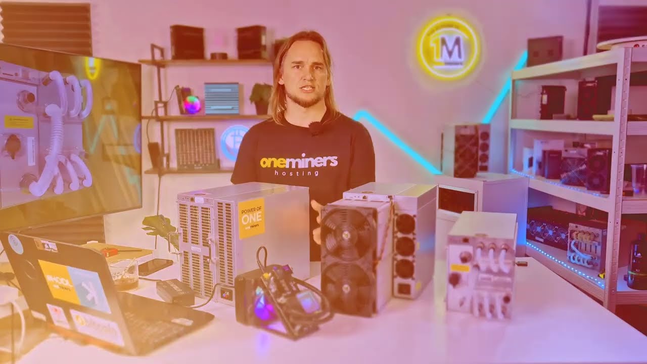 Hydro, immersion, Scrypt and desktop Bitcoin miners lined up in the OneMiners studio