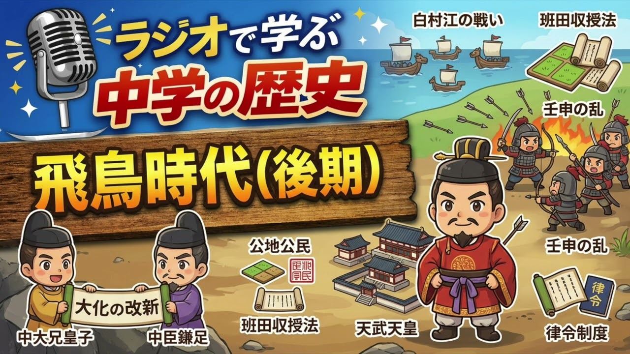 ラジオで学ぶ中学の歴史06「飛鳥時代（後期）」 #大化の改新 #中大兄皇子 #中臣鎌足 #公地公民 #班田収授法 #白村江の戦い #天智天皇 #壬申の乱 #天武天皇 #大宝律令 #遣唐使