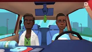 Mike slaps his mum and causes the car to crash. Plotagon