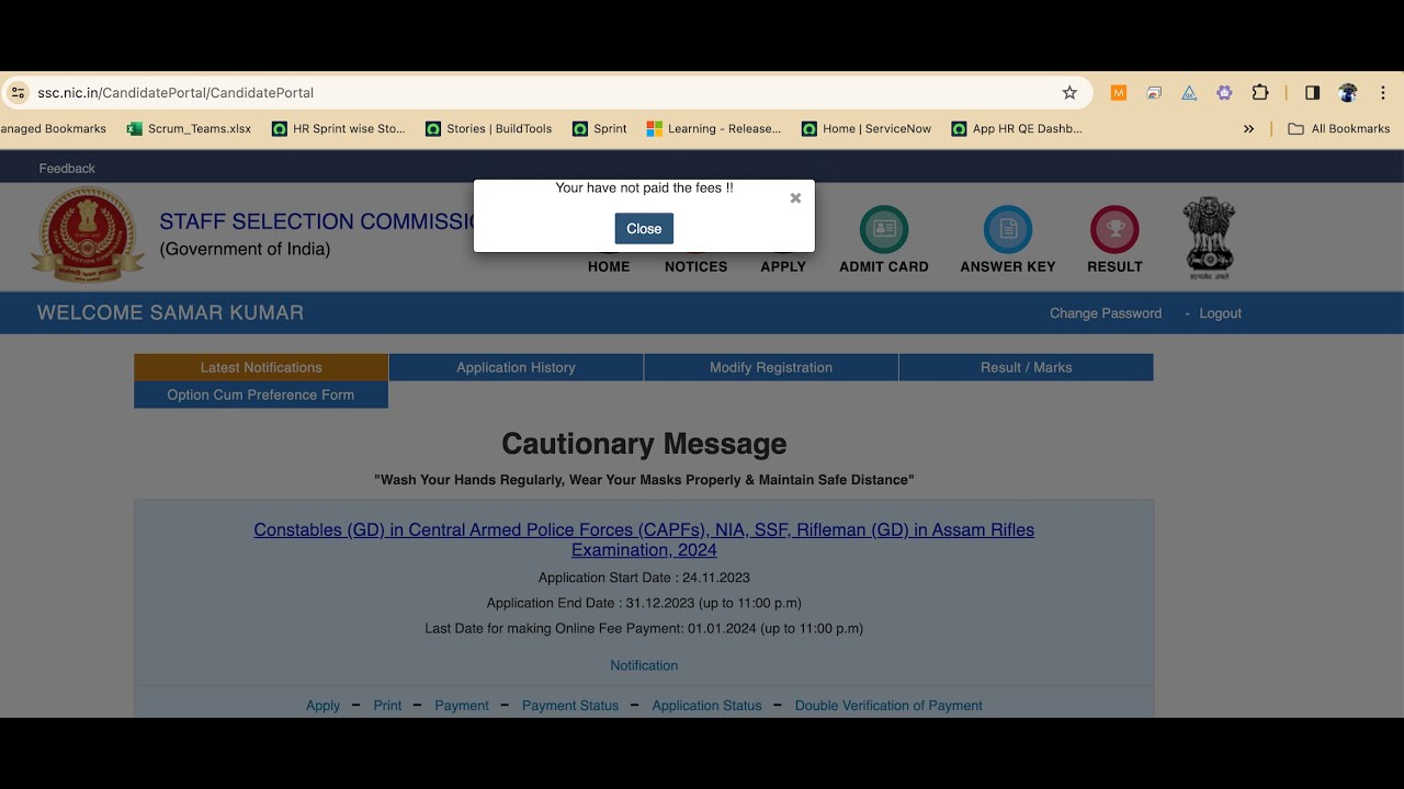 Constables (GD) Application form Payment error after payment success. You have not paid the fees yet