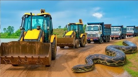 Two JCB 3dx Backhoe Machine And Four Trucks Were Going To Load Soil, they found a Snake On The Road