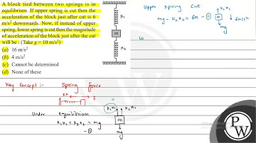block tied between two springs is in equilibrium. If upper spring is cut then the acceleration o...