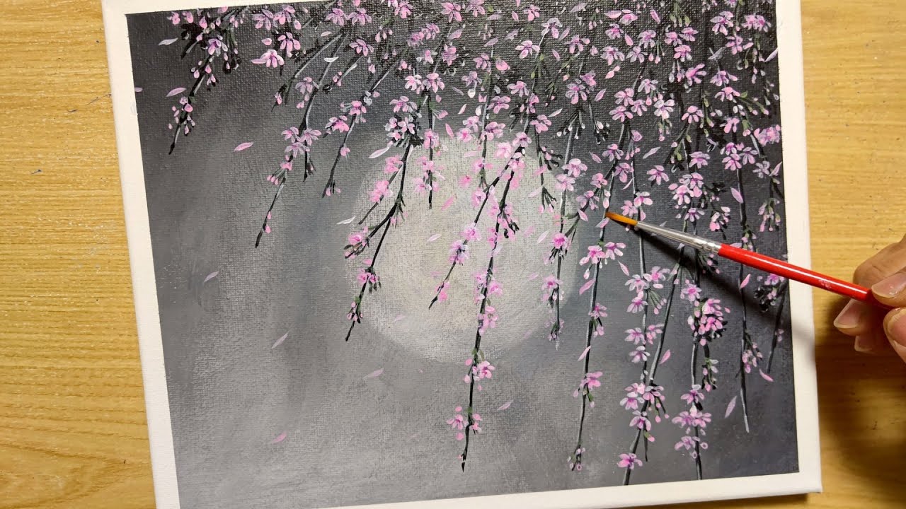 Moon and weeping cherry blossoms / acrylic paint / acrylic