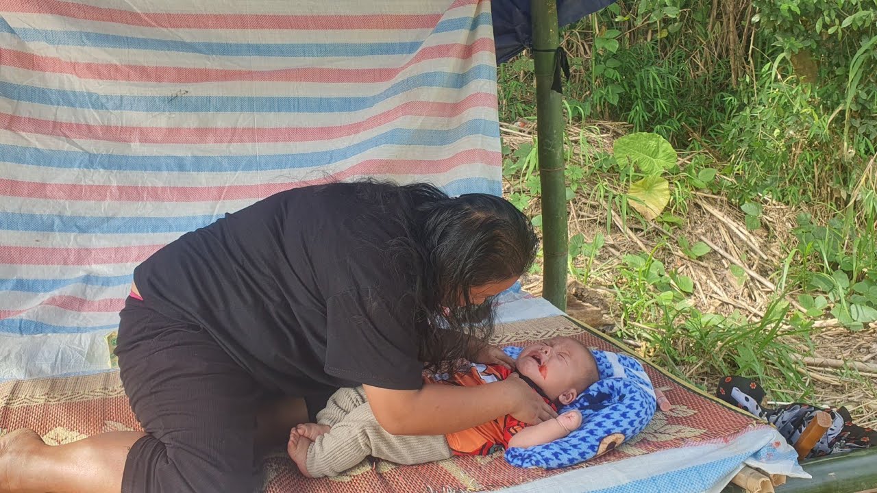 mother and son go to the stream to collect crabs and eat peanuts and ...