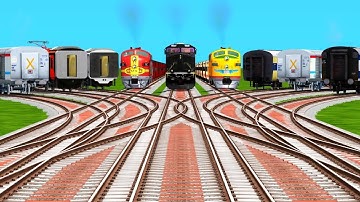 Nine Express Locomotive Trains 🔸Crossing By Bumpy & Forked Railroad Tracks | train simulator 2025