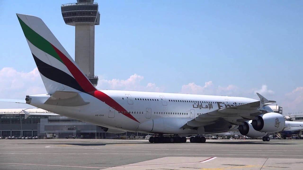 Emirates A380 Airbus arriving at Terminal 4 JFK New York by