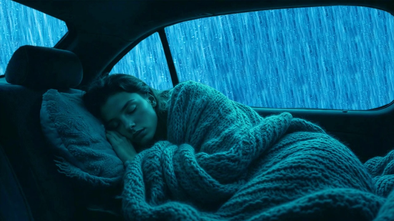 Full of Energy to Sleep Instantly with Heavy Rain & Fierce Thunder on the Car at Night