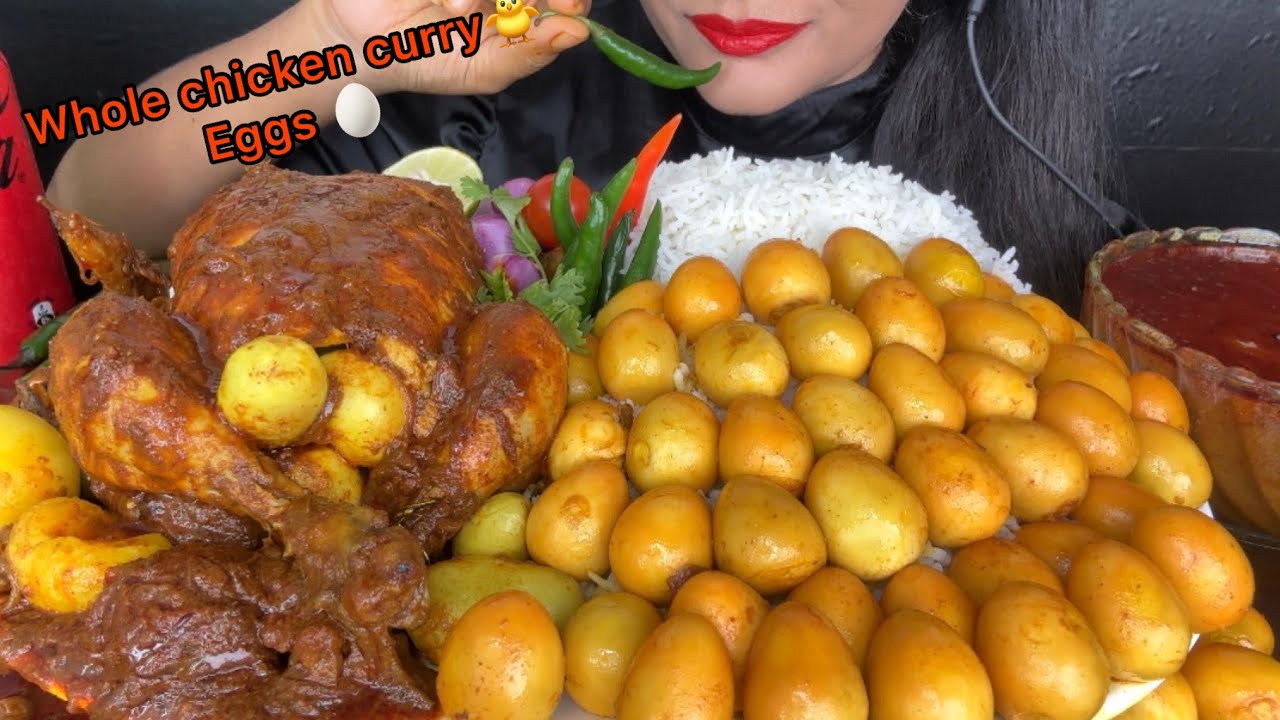 SPICY WHOLE CHICKEN CURRY,EGG CURRY,RICE,GREEN CHILLI *FOOD VIDEOS,ASMR EATING