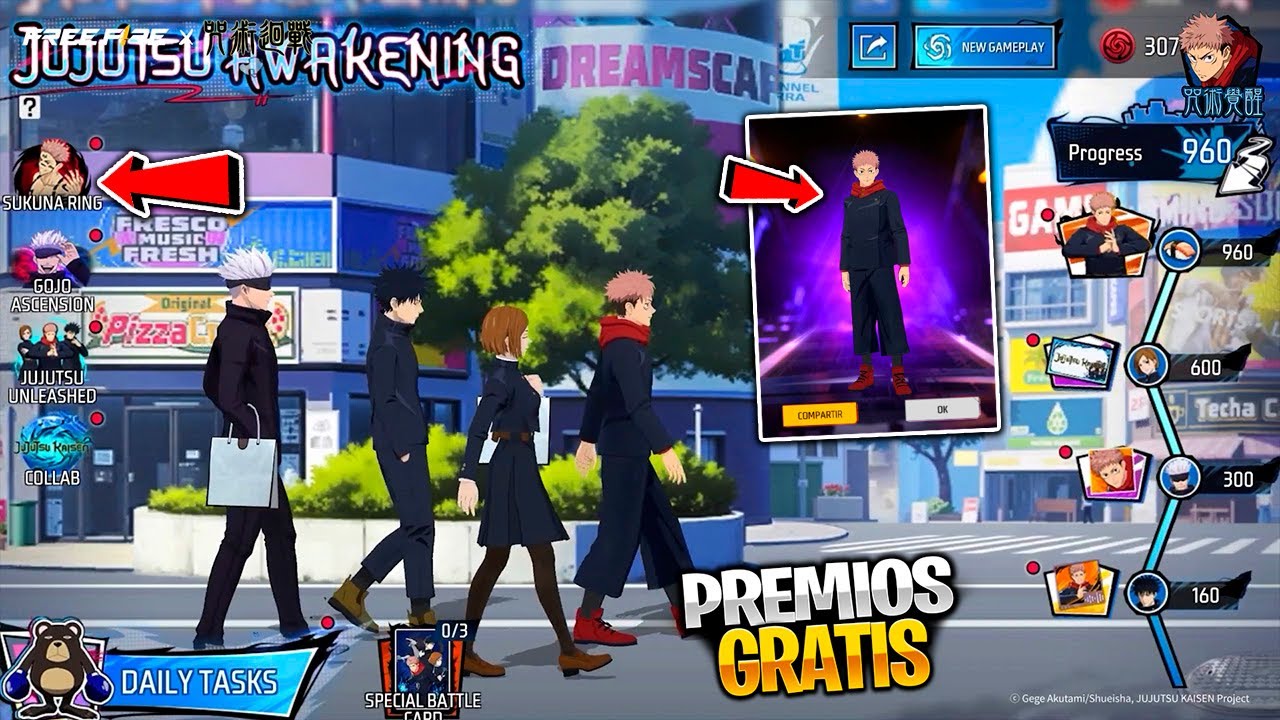 Exclusivo!  INTERFAZ JUJUTSU KAISEN X FREE FIRE PREMIOS GRATIS TRAJE ITADORI, EMOTE VOCES & MAS