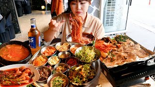 Thin Crispy Samgyeopsal, Spicy mixed noodles, Cheese topped fried rice, various side dishes Mukbang