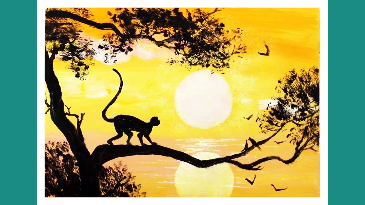 Monkey in the sunset how to paint sunset acrylic painting for beginner YouTube
