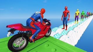 الرجل العنكبوت على دراجة نارية ضد العناكب - Spiderman on a motorcycle against multi-colored spiders