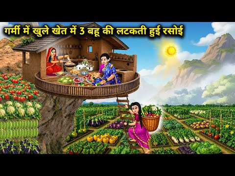गर्मी में खुले खेत में 3 बहू की लटकती हुई रसोई | 3 Daughters-In-Law Hanging Kitchen | Cartoon Video 