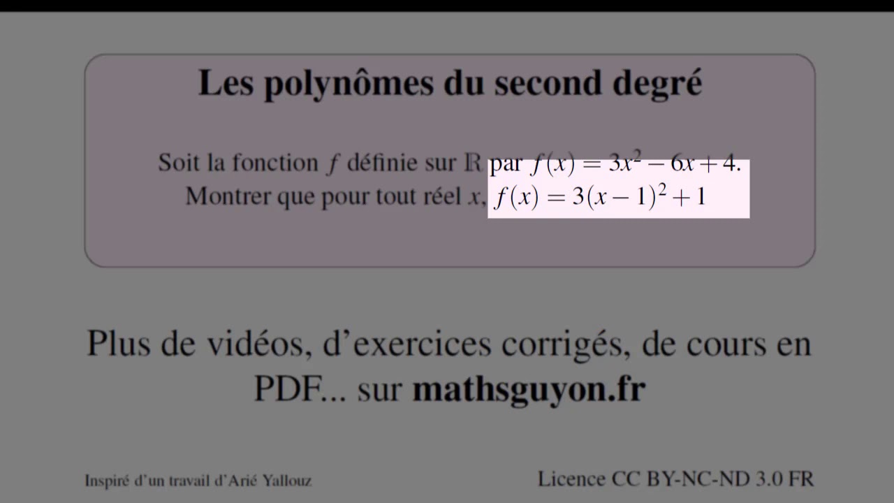 polynôme du second degré forme canonique_exercice d'application - YouTube