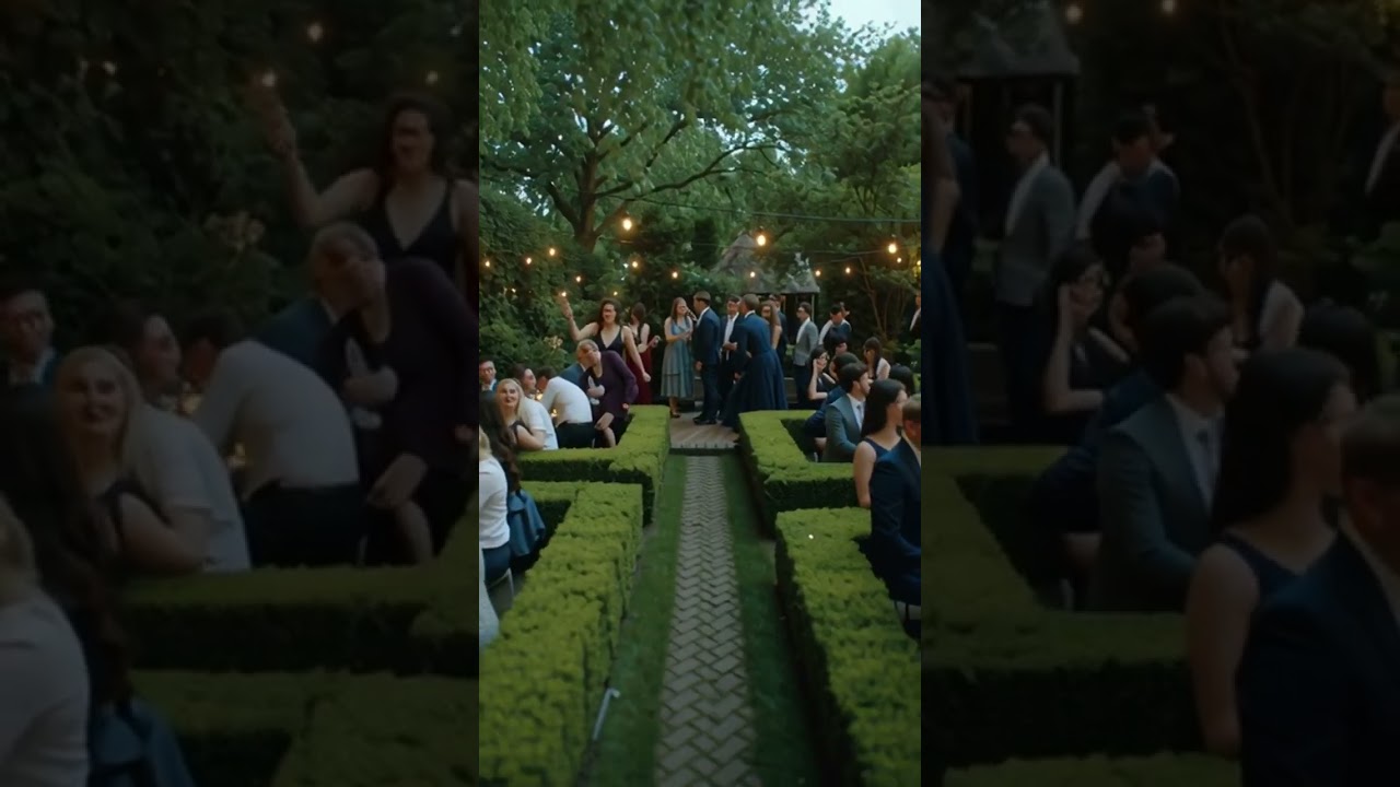 Wide angle camera shot of a wedding party in an outdoor garden, surrounded hedge rows, similar to...