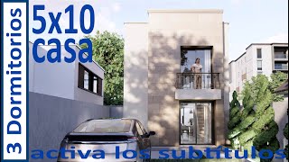 Casa de 5 x 10 Dos Pisos - Planos de Casas Pequeñas con 3 Dormitorios - Duplex Moderno