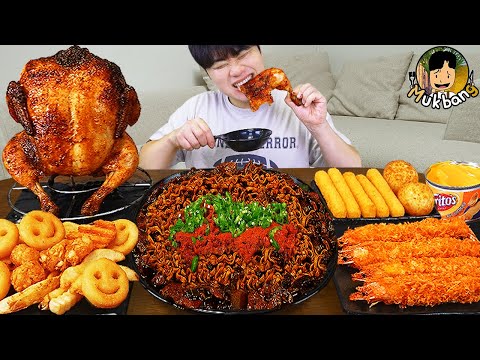 ASMR Mukbang دجاج مقلي اصبع جبنة نودلز الفاصوليا السوداء الكيمتشي الطعام الكوري وصفة