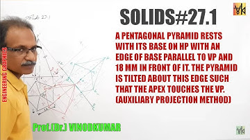 Projection of Solids- 27.1, Pentagonal pyramid standing on HP on an edge with apex touching VP.