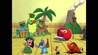 Lilo, stitch, Timon and pumbaa are dancing hula to Lance the turtle.