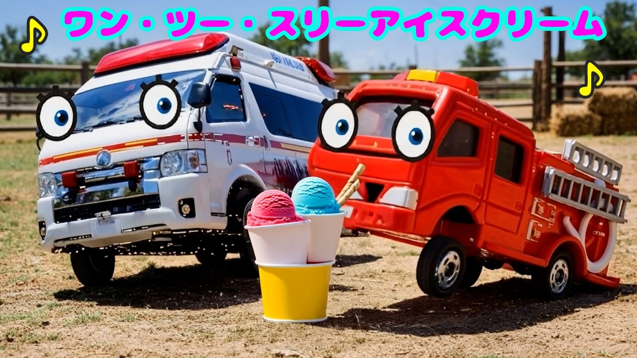 救急車のピポと消防車のウーの『ワン・ツー・スリー!アイスクリーム』アニメ&ぬりえ【働く車のオリジナルソング】