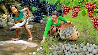 Top 2 survival videos mother with daughter catch big fish and pick duck eggs grape fruit for food