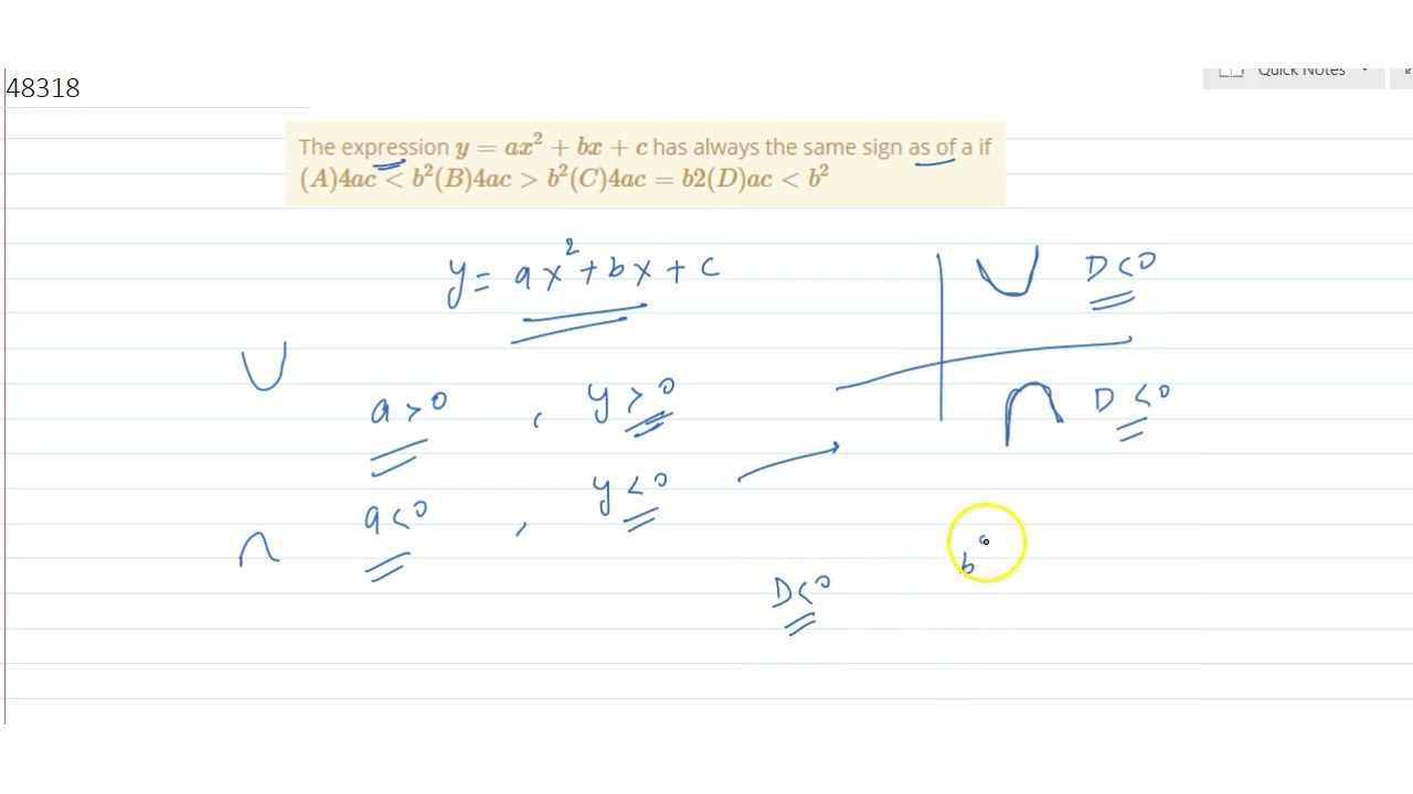 The Expression Y Ax 2 Bx C Has Always The Same Sign As Of A If A 4ac Lt B 2 B 4ac Youtube