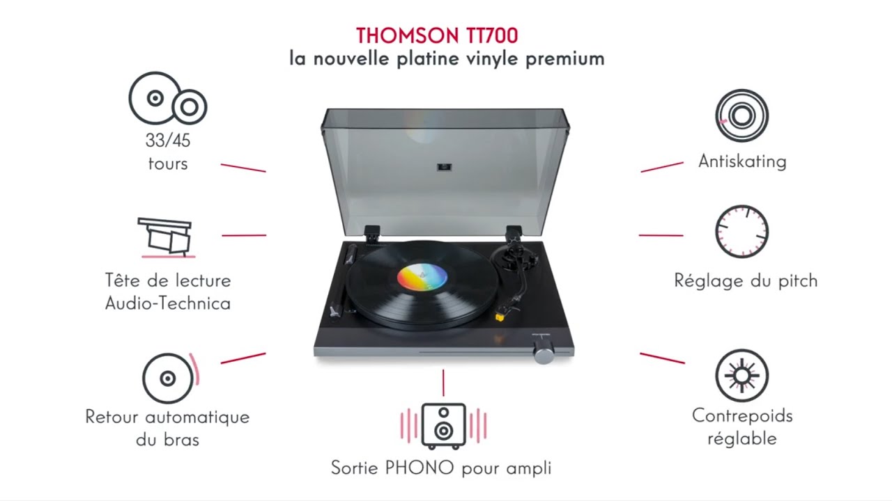 THOMSON TT700 - Platine vinyle premium 33 et 45 tours - Tete de lecture  AT91 Audio Technica - Antiskating - Noire