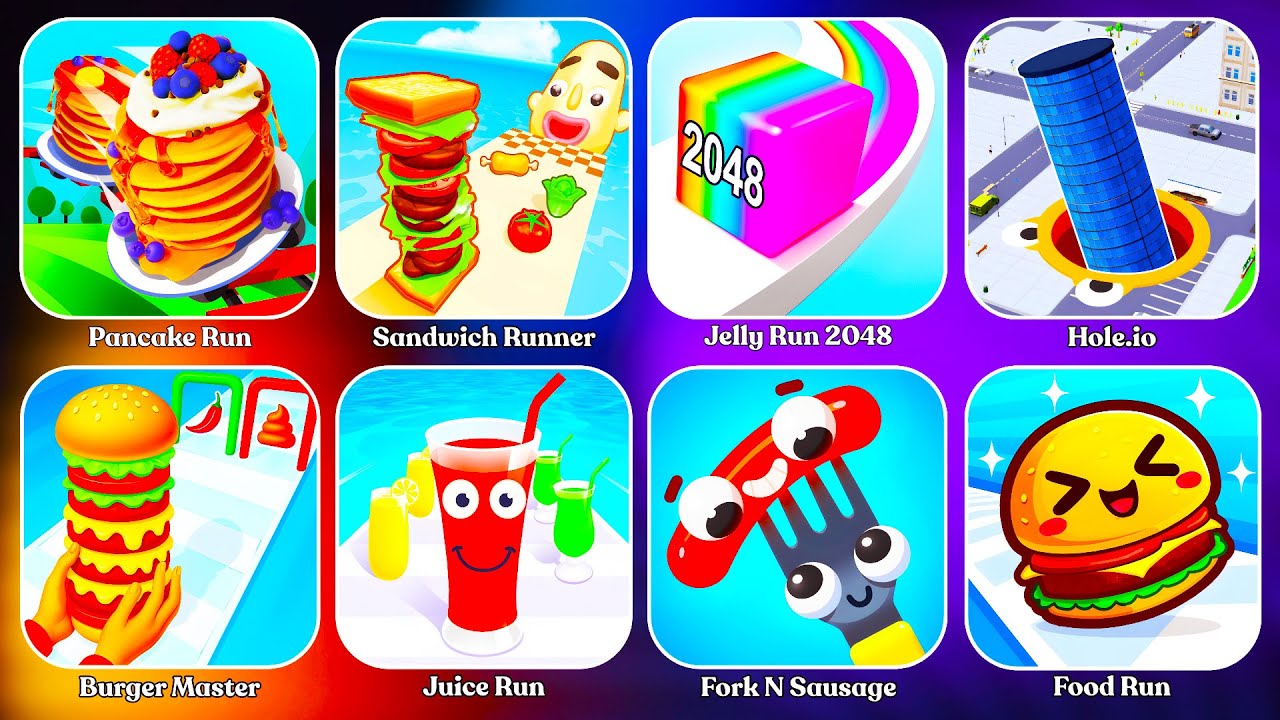 Pancake Run, Sandwich Runner, Jelly Run 2048, Hole.io, Juice Run, Fork N Sausage, Food Run