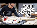 Small crosscut sled with adjustable fence extension wing and bevel feature