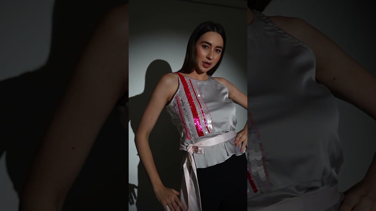 Exquisite Grey Peplum Top with Hand-Embroidered Pink Sequins and Satin Tie-Up