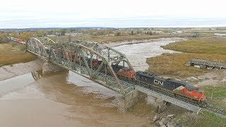 Nice Aerial View! CN Stack Train 120 on Trestle Bridge at Sackville, NB