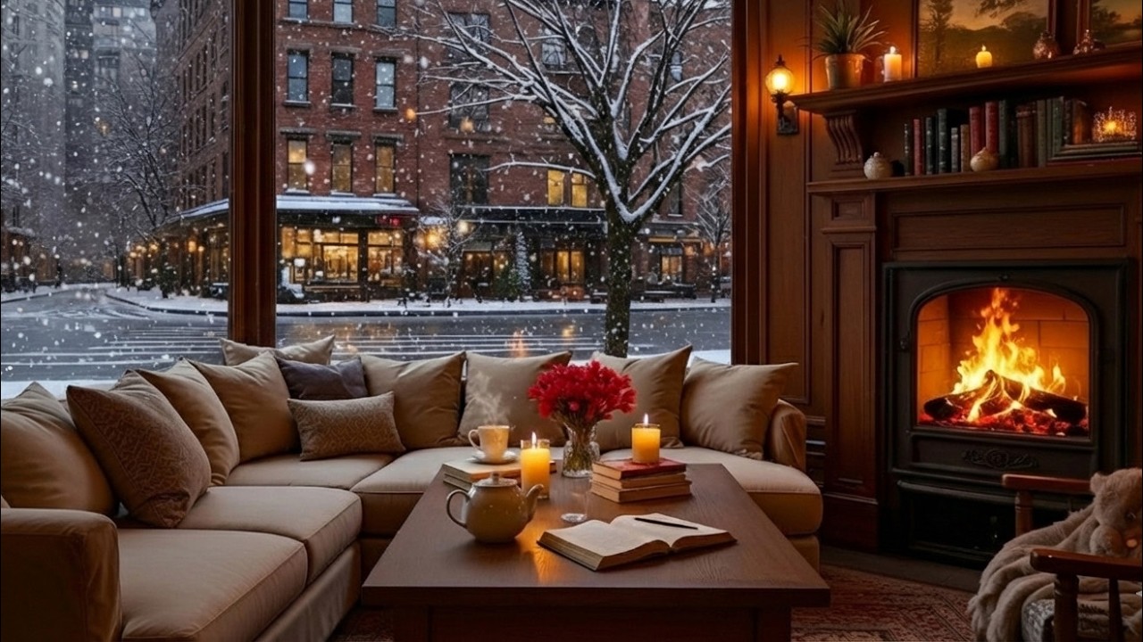 A Cozy February Coffee Shop Atmosphere ❄️ Soothing Jazz & Fireplace Ambience