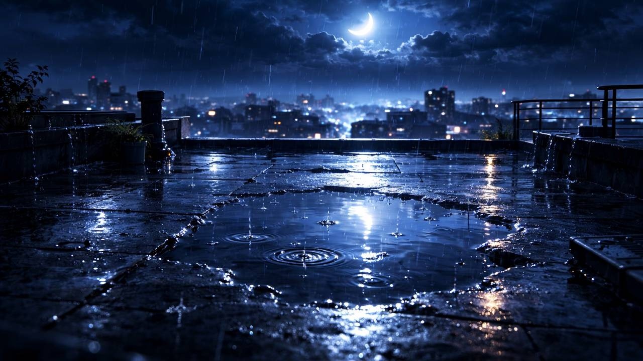 Soft Rain on Rooftop Under Crescent Moon 🌙 3 Hours | Calm Night City Ambience