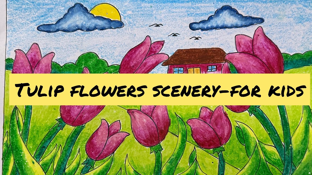 Easy Tulip flowers scenery drawing for kids