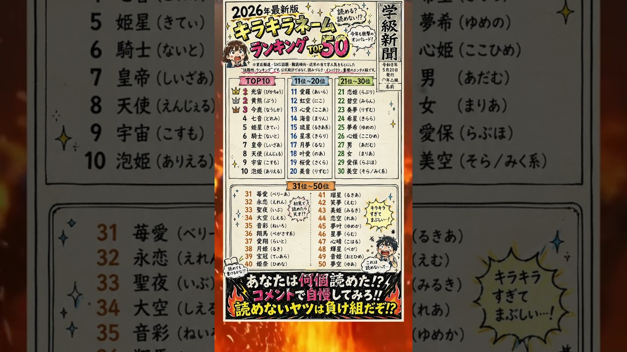 2026年最新版 キラキラネームランキングTOP50！ - YouTube