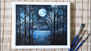 Moonlit Lake by the Woods | Acrylic Painting Tutorial