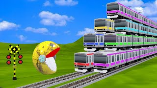 【踏切アニメ】あぶない電車 TRAIN Vs MS PACMAN Vs Nick and Tani 🚦Fumikiri 3D Railroad Crossing Animation #1